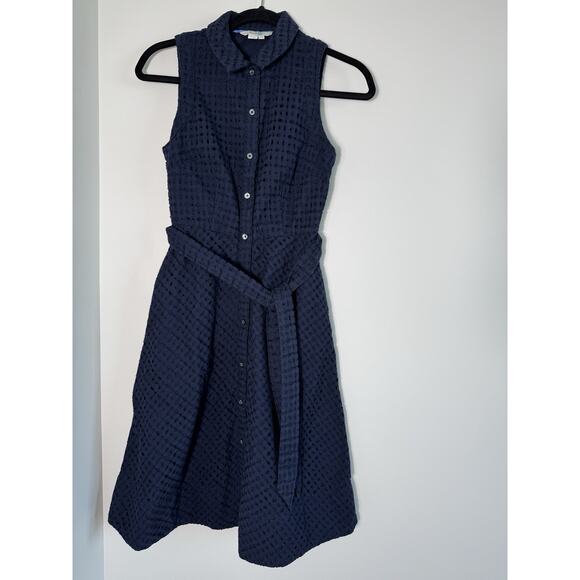 Boden Dresses & Skirts - Boden Navy Eyelet Sleeveless Collared Button Belted Modest Preppy US 2R Knee